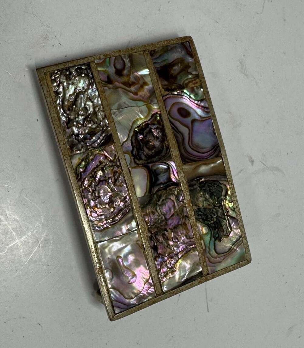 Vintage Mexico Abalone Mother Of Pearl Inlaid Belt Buckle
